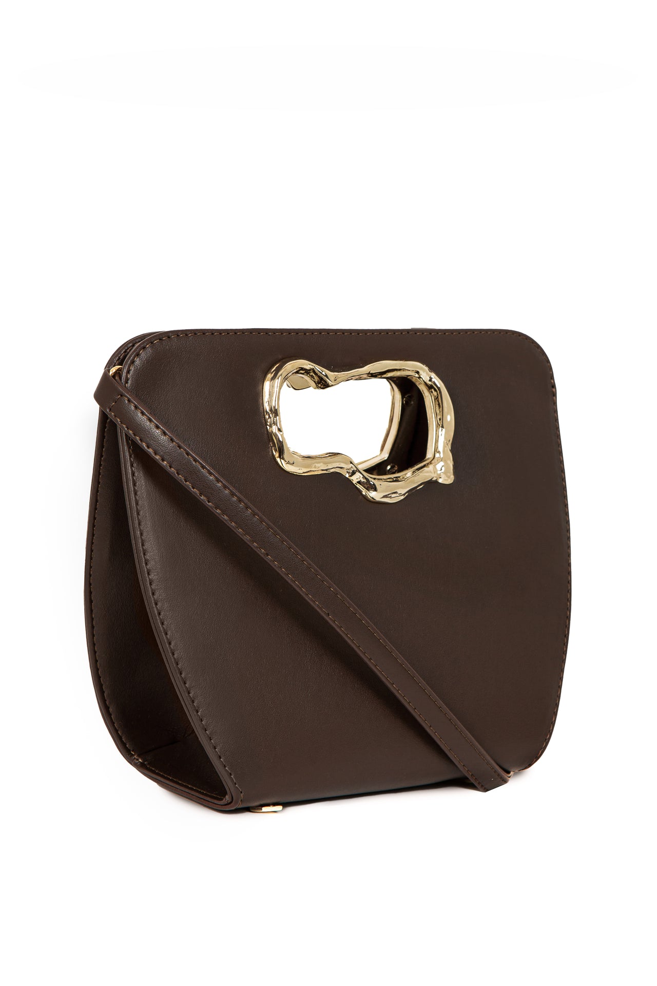 A modern, brown clutch bag with a smooth leather finish and a distinctive gold cutout handle that resembles fluid metalwork.