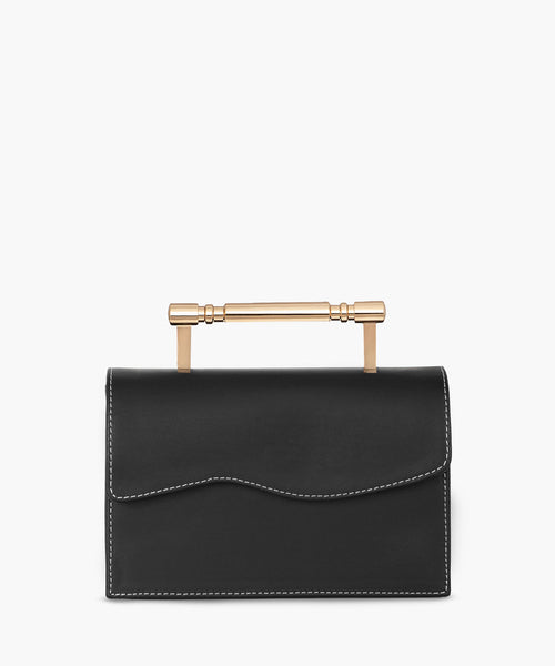 Sleek black vegan handbag by Mashu featuring a structured silhouette and gold art-deco inspired hardware