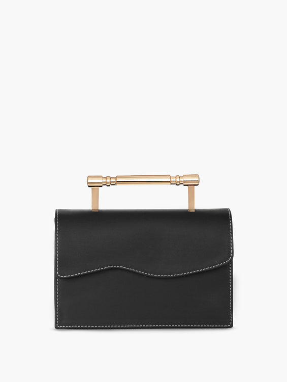 Sleek black vegan handbag by Mashu featuring a structured silhouette and gold art-deco inspired hardware