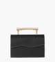 Sleek black vegan handbag by Mashu featuring a structured silhouette and gold art-deco inspired hardware