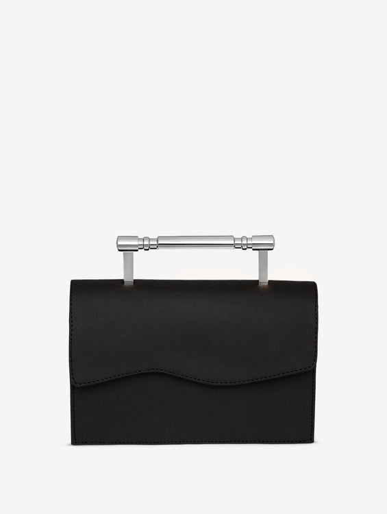 Elegantly crafted black Saffiano leather handbag with a bold, silver Art Deco-inspired top handle, offering a timeless and sophisticated silhouette.