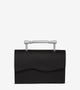 Elegantly crafted black Saffiano leather handbag with a bold, silver Art Deco-inspired top handle, offering a timeless and sophisticated silhouette.