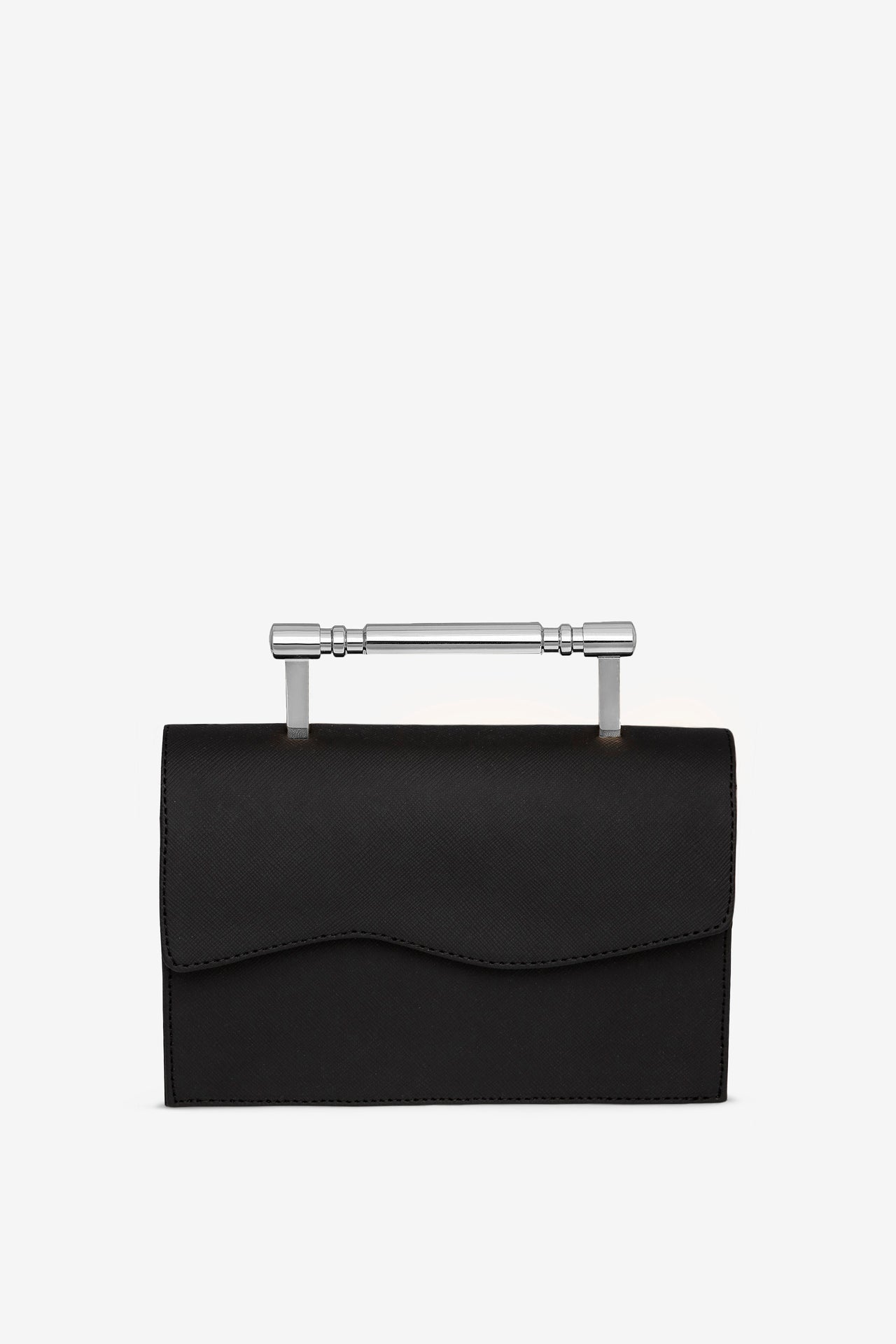 Elegantly crafted black Saffiano leather handbag with a bold, silver Art Deco-inspired top handle, offering a timeless and sophisticated silhouette.