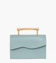 Light blue rectangular handbag with a flap closure and gold-tone bar handle.