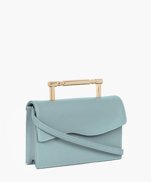 Light blue rectangular handbag with a flap closure and gold-tone bar handle.