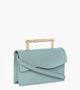 Light blue rectangular handbag with a flap closure and gold-tone bar handle.