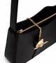 Close-up of the hammered T-bar hardware on the Aphrodite Black vegan handbag by Mashu, highlighting the intricate craftsmanship and sustainable, gold-plated finish