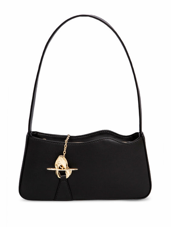 Aphrodite Black vegan handbag by Mashu featuring a sleek black design, signature wavy flap, and hammered gold T-bar hardware, crafted from sustainable materials.