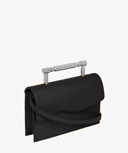 Chic black Saffiano leather handbag with a striking silver Art Deco top handle, blending modern luxury with vintage-inspired design for a standout look.