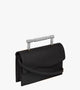 Chic black Saffiano leather handbag with a striking silver Art Deco top handle, blending modern luxury with vintage-inspired design for a standout look.