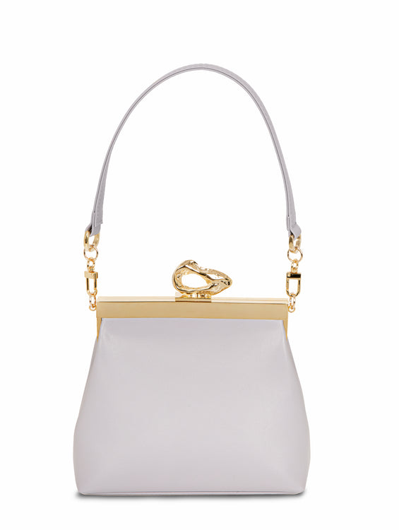 Nicole Lilac vegan handbag by Mashu, featuring a soft lilac hue, sleek structured design, and custom 24ct gold-plated brass hardware, crafted from sustainable vegan leather.