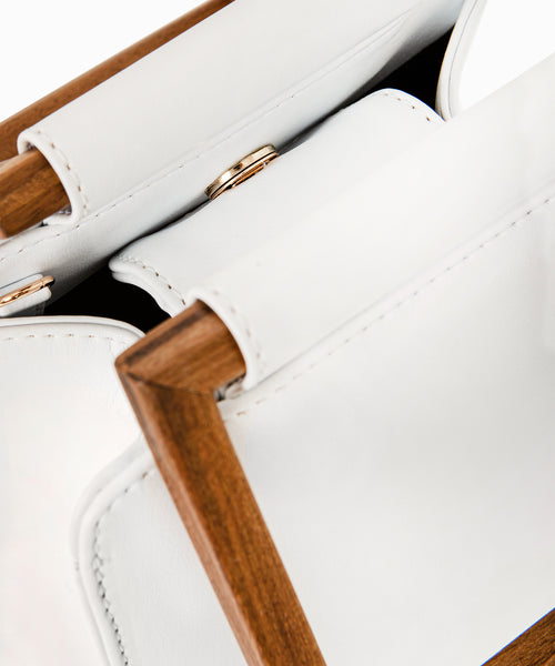 Details of a luxury handbag made from plant-based materials with wooden, re-purposed square handles