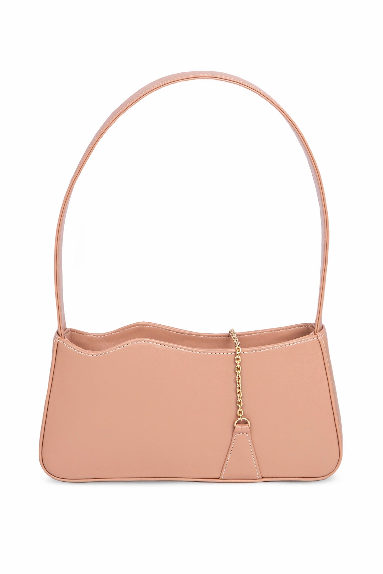 Elegant blush-colored Aphrodite 2 handbag with a baguette silhouette, featuring the signature Mashu wave and polished gold hardware, including a hammered T-bar fastening, zip closure, and internal pocket.