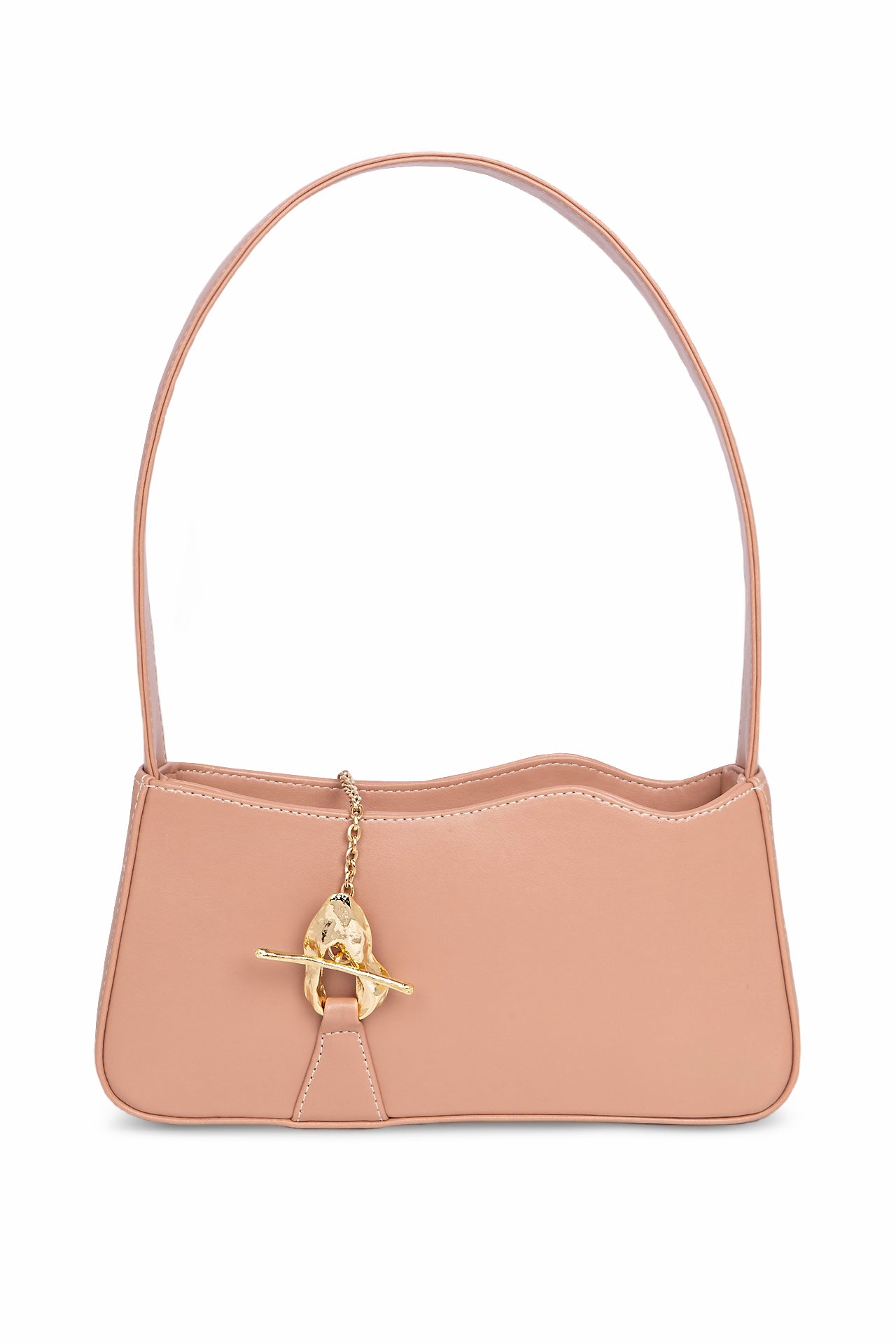 Elegant blush-colored Aphrodite 2 handbag with a baguette silhouette, featuring the signature Mashu wave and polished gold hardware, including a hammered T-bar fastening, zip closure, and internal pocket.