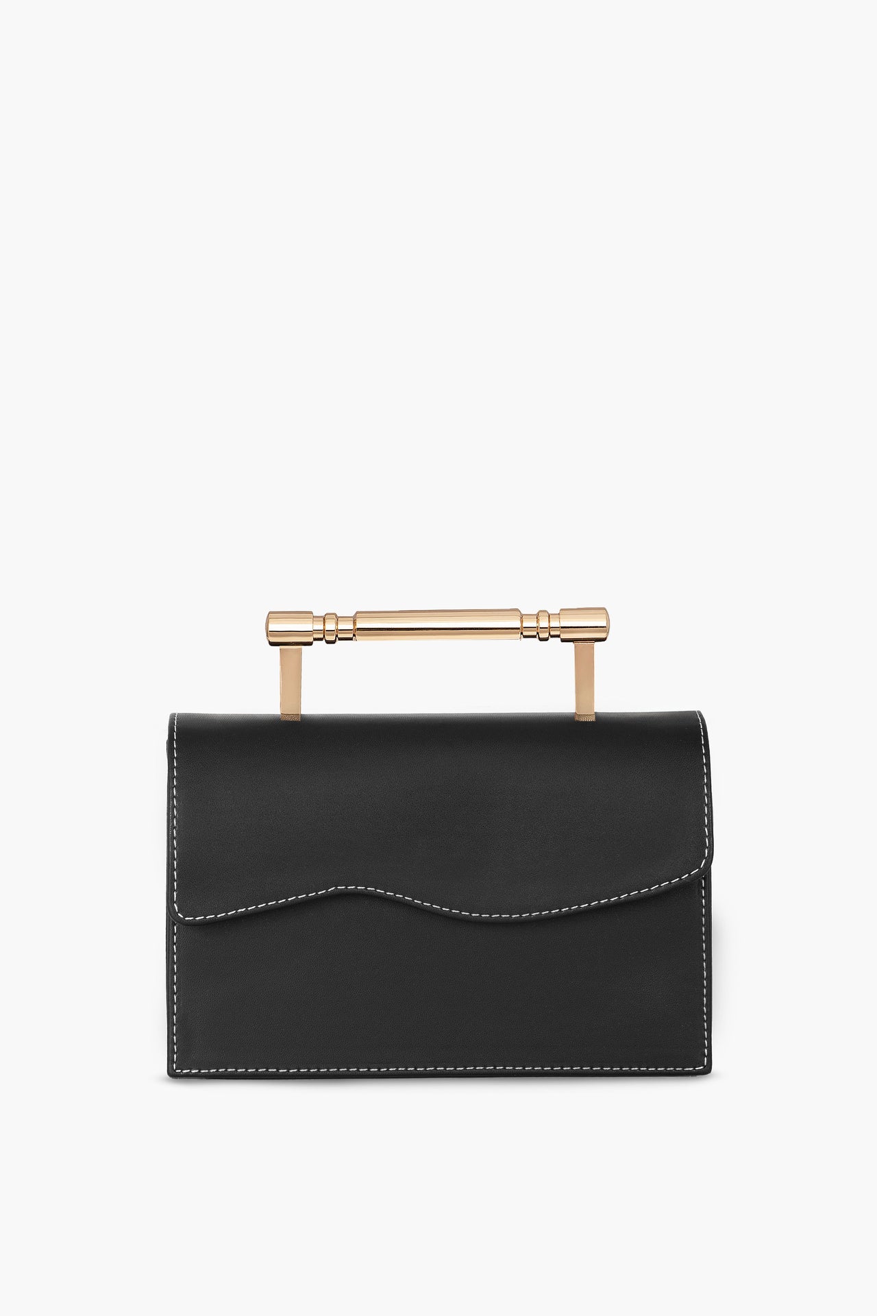 Sleek black vegan handbag by Mashu featuring a structured silhouette and gold art-deco inspired hardware