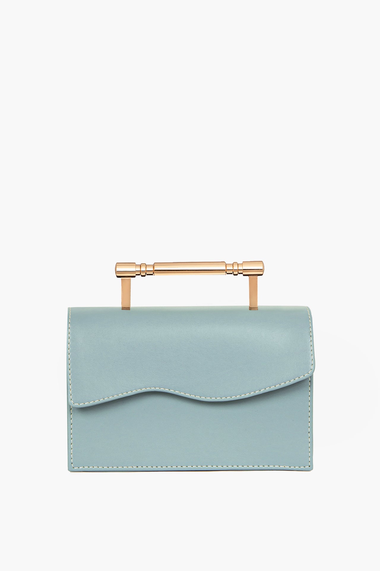 Light blue rectangular handbag with a flap closure and gold-tone bar handle.