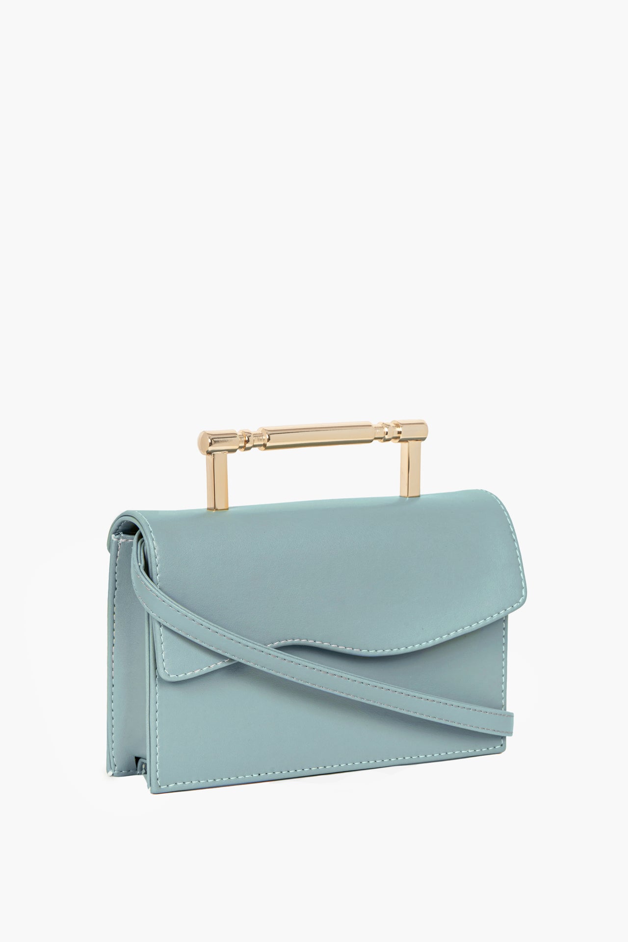 Light blue rectangular handbag with a flap closure and gold-tone bar handle.