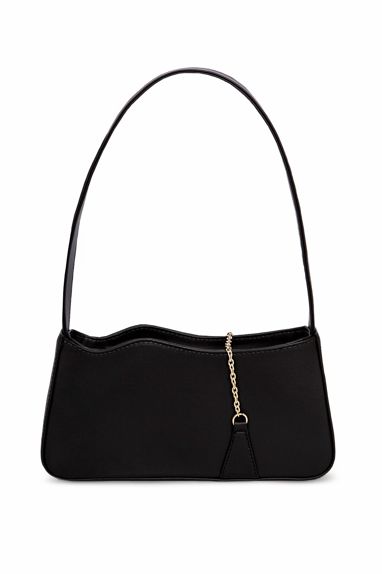 Aphrodite Black vegan handbag by Mashu featuring a sleek black design, signature wavy flap, and hammered gold T-bar hardware, crafted from sustainable materials.