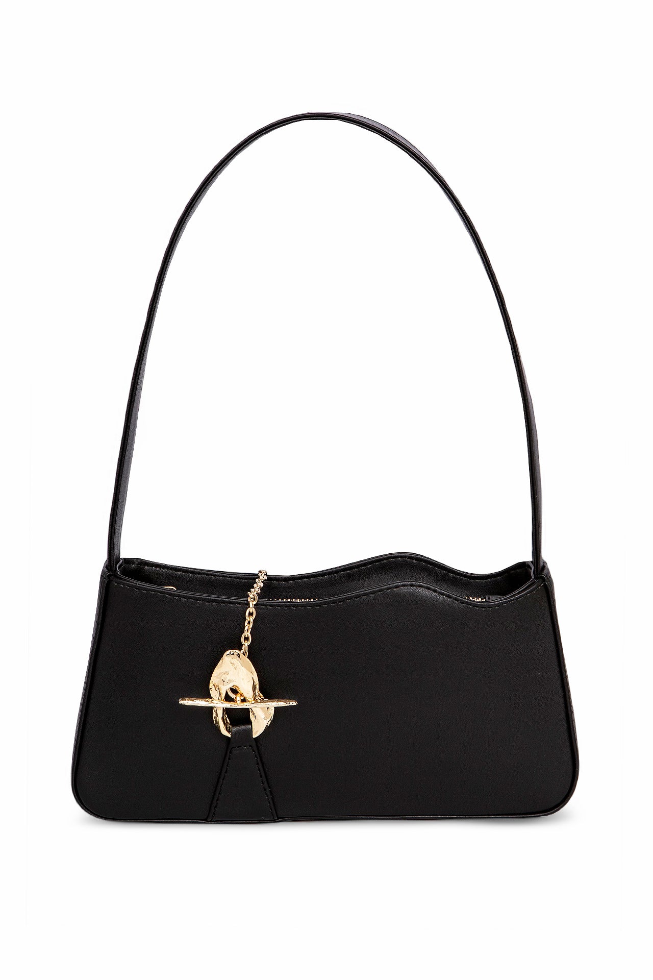 Aphrodite Black vegan handbag by Mashu featuring a sleek black design, signature wavy flap, and hammered gold T-bar hardware, crafted from sustainable materials.