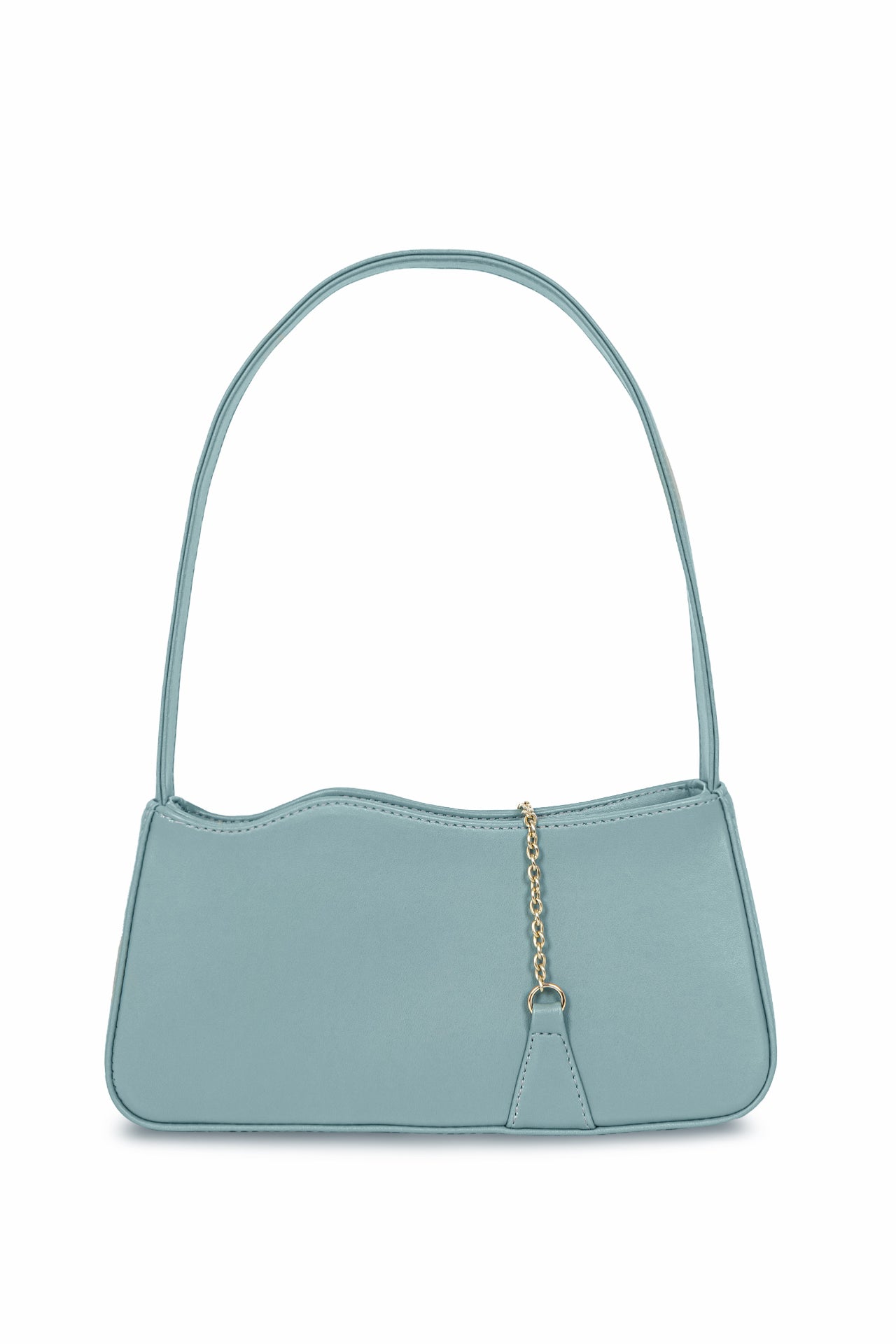 front view of light blue baqguette bag with unique shell hardware and hammered gold t-bar closure. Sustainable and vegan design