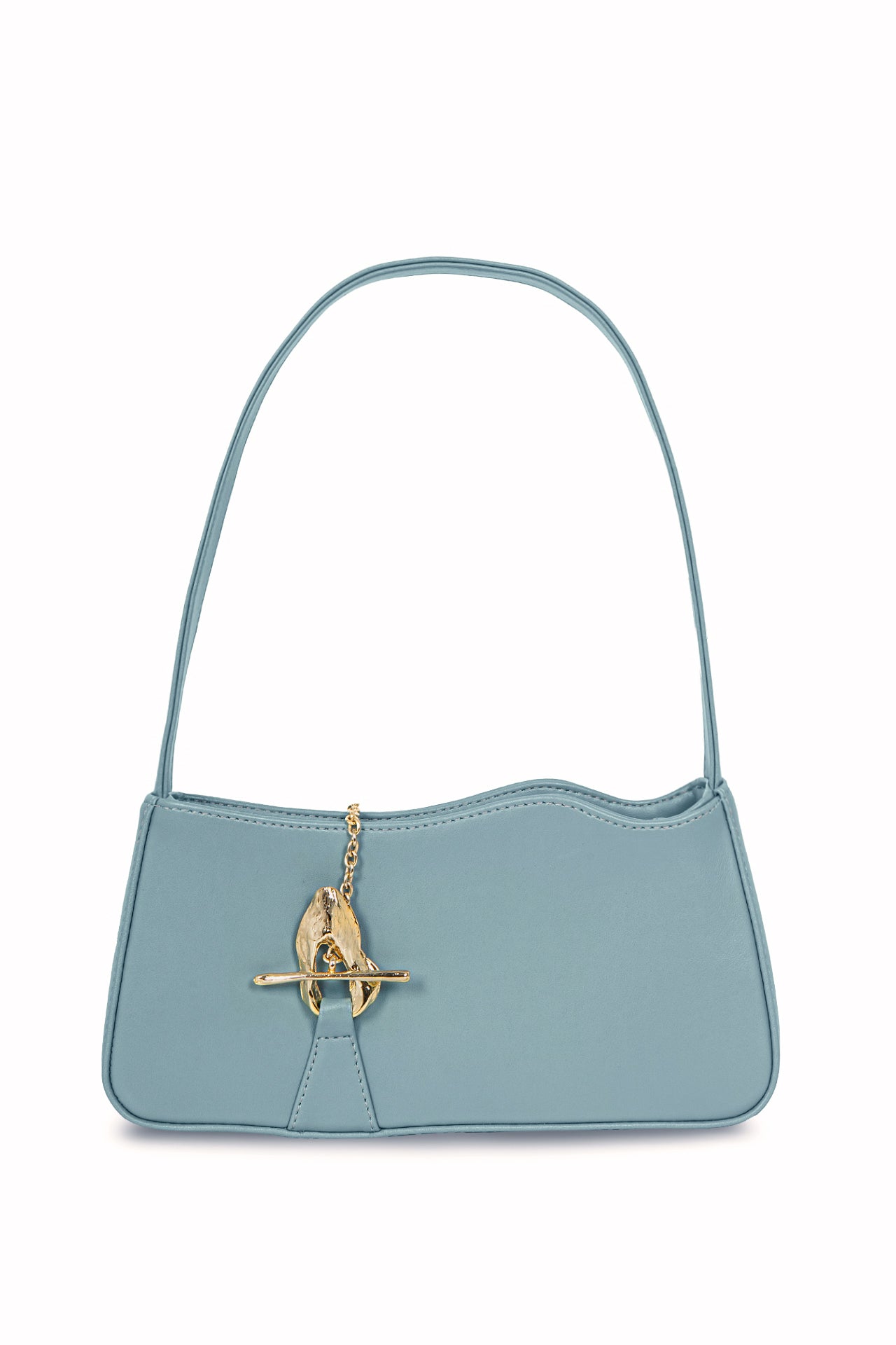 front view of light blue baqguette bag with unique shell hardware and hammered gold t-bar closure. Sustainable and vegan design