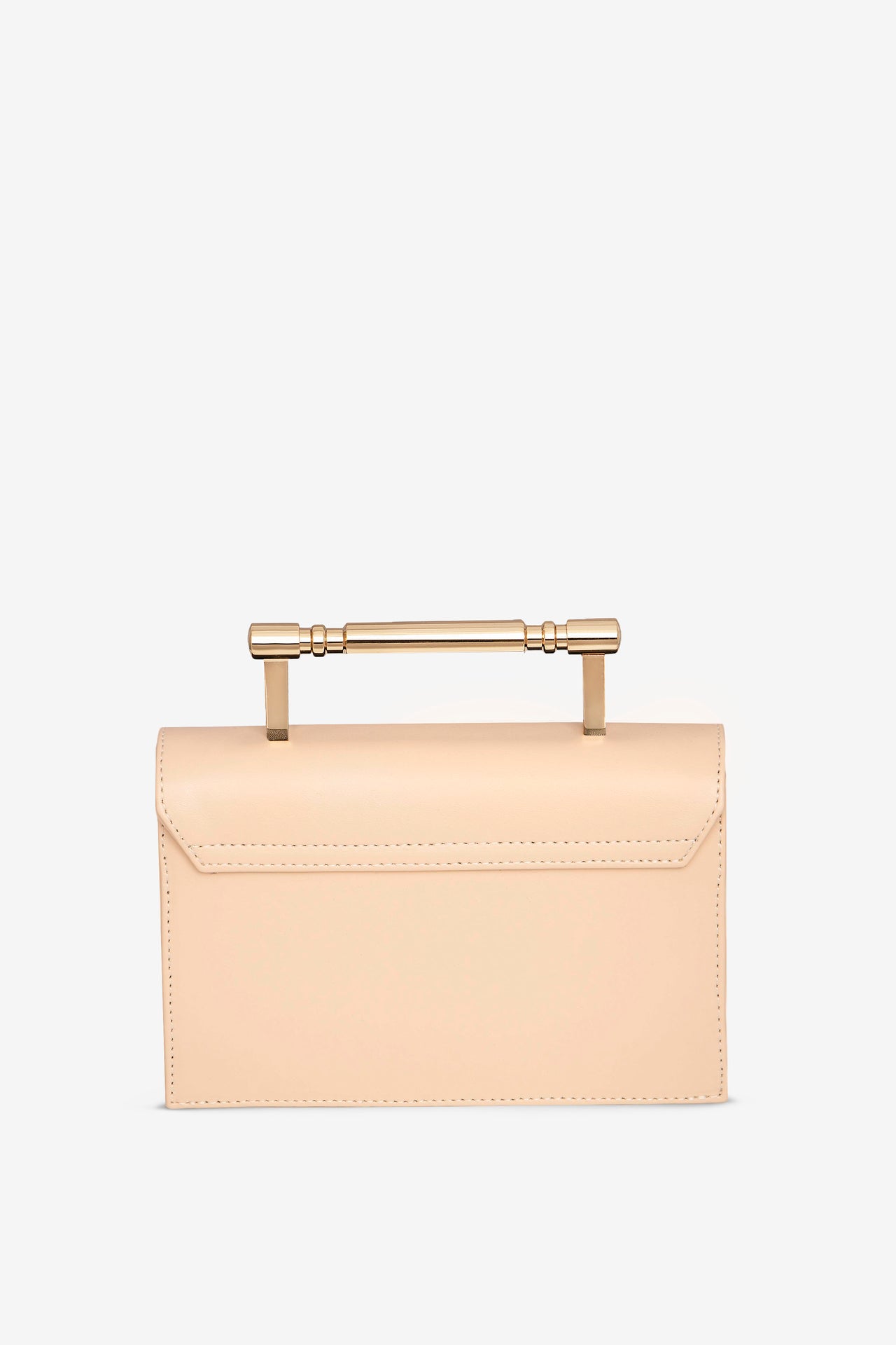 front view of luxury creme structured bag with gold top handle, featuring Mashu's signature wavy design on the front flap