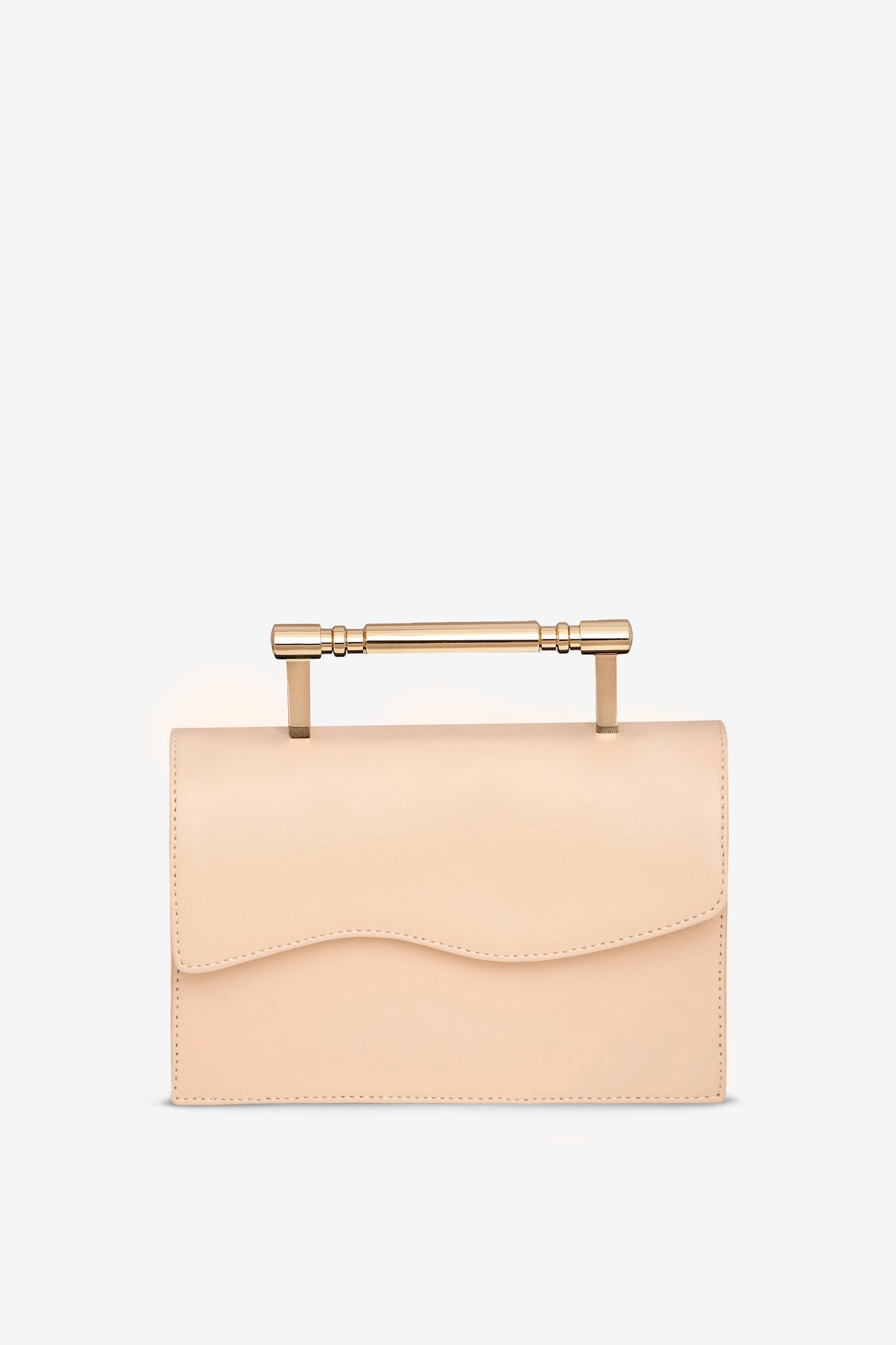 front view of luxury creme structured bag with gold top handle, featuring Mashu's signature wavy design on the front flap