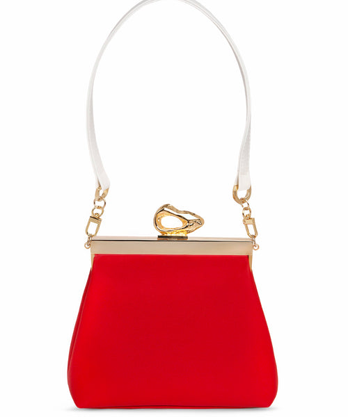 Nicole Red vegan handbag by Mashu featuring a custom-made frame with 24ct gold-plated brass hardware, vibrant red BioVeg leather, and dual detachable straps.