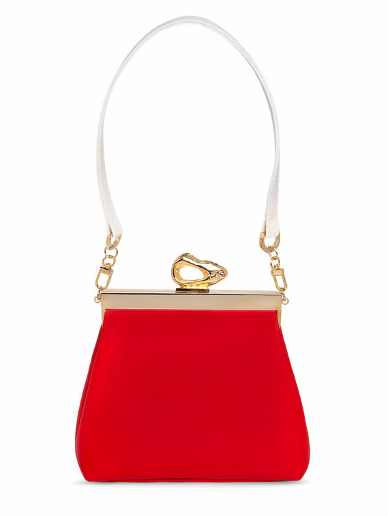 Nicole Red vegan handbag by Mashu featuring a custom-made frame with 24ct gold-plated brass hardware, vibrant red BioVeg leather, and dual detachable straps.