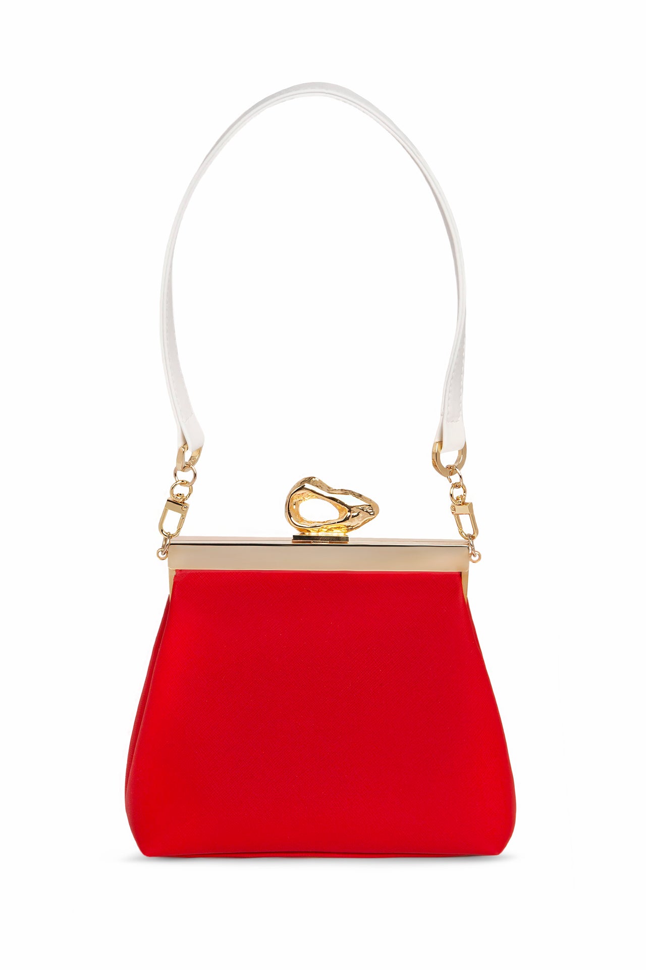 Nicole Red vegan handbag by Mashu featuring a custom-made frame with 24ct gold-plated brass hardware, vibrant red BioVeg leather, and dual detachable straps.