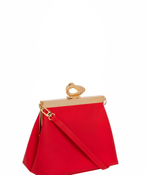 Mashu vegan handbag in red with gold hardware and vintage design with a contemporary twist.