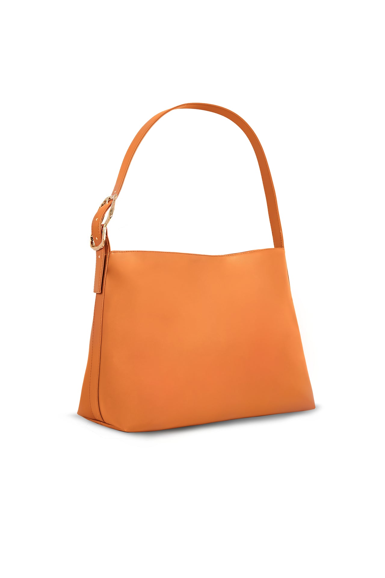 Ophelia Orange vegan handbag by Mashu, featuring a bold orange hue, sleek silhouette, and custom 24ct gold-plated brass hardware, designed with sustainable materials for an eco-chic look.