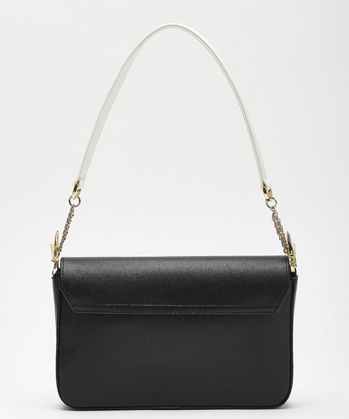 Back view of a sleek black shoulder bag, showcasing its smooth finish, structured design, and contrasting white handles with gold hardware accents