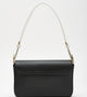 Back view of a sleek black shoulder bag, showcasing its smooth finish, structured design, and contrasting white handles with gold hardware accents